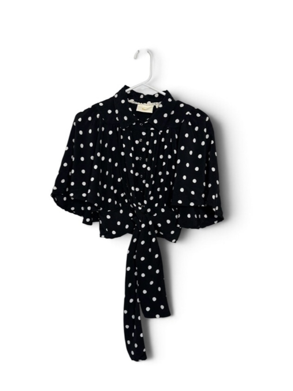 Maeve Anthropologie Canna Crop Top XS Black Polka Dot Tie Batwing Sleeve Retro